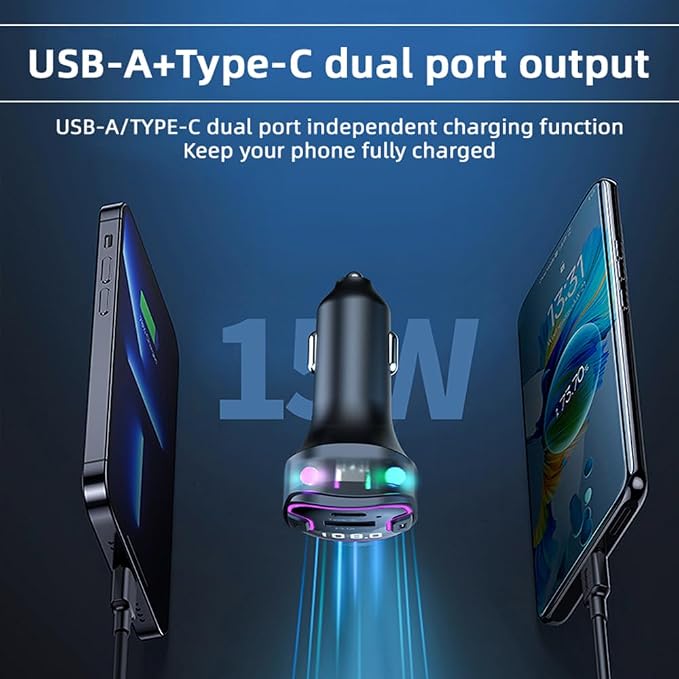 Bluetooth 5.3 Adapter for Car, 5 Ports Wireless FM Radio Transmitter for Car, Radio Bluetooth Receiver, Hands-Free Calling [U Disk &Colorful Ambient Lighting]