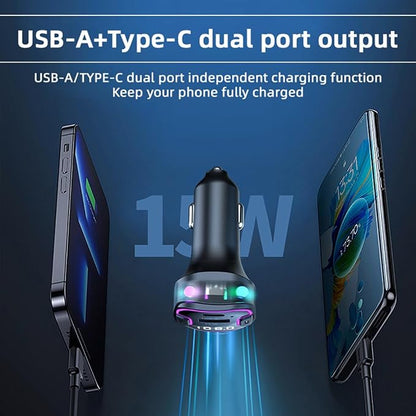 Bluetooth 5.3 Adapter for Car, 5 Ports Wireless FM Radio Transmitter for Car, Radio Bluetooth Receiver, Hands-Free Calling [U Disk &Colorful Ambient Lighting]