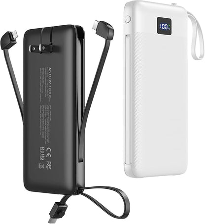 2-Pack Portable Charger 10,000mAh 22.5W Fast Charging Power Bank with Built-in Cables & AC Wall Plug, Slim External USB C Battery Pack, Travel Essential Portable Phone Charger for iPhone, Samsung