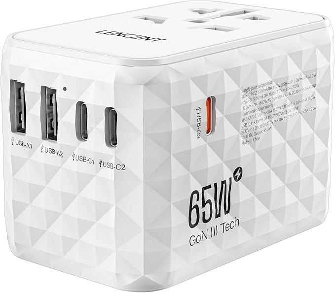 LENCENT 65W International Travel Adapter, Universal Travel Adapter | with 2 USB-A & 3 PD Type C Power Outlet, Fast Charging for Phone,Laptops, All-in-One Outlet Converter for USA/UK/EU/AUS-White