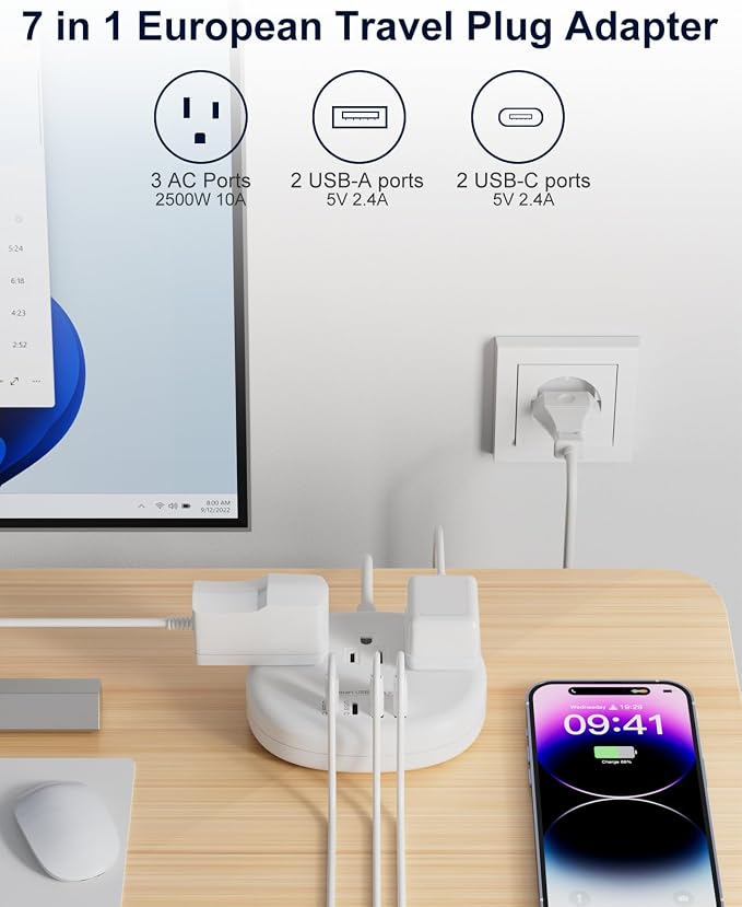 European Travel Plug Adapter, European Extension Cord 3FT | EU Outlet Adapter with 3 USA Outlets and 4 USB, Type C Plug Adapter for Most of Europe Iceland Spain Italy France Germany etc