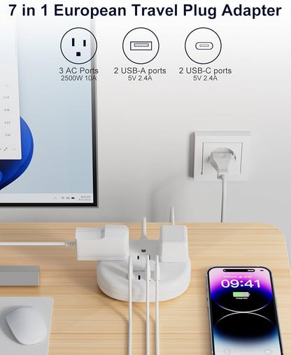 European Travel Plug Adapter, European Extension Cord 3FT | EU Outlet Adapter with 3 USA Outlets and 4 USB, Type C Plug Adapter for Most of Europe Iceland Spain Italy France Germany etc