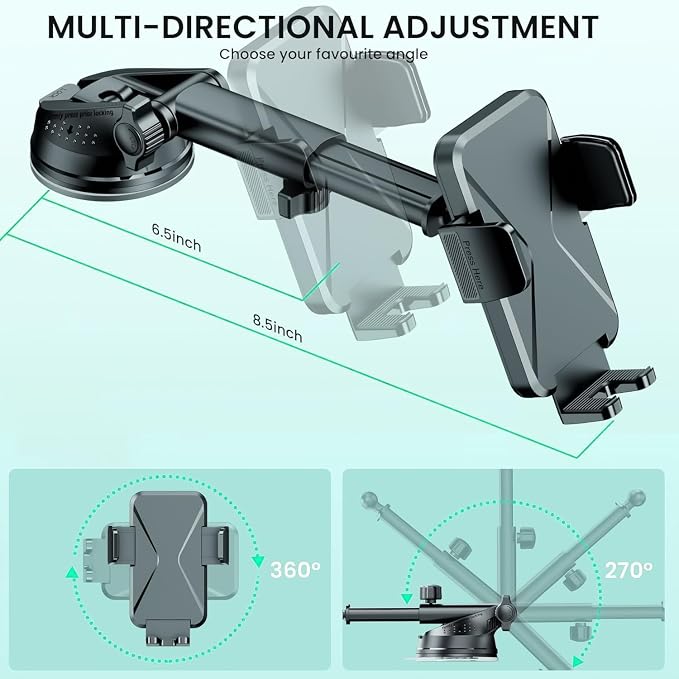360° Adjustable Car Phone Holder Universal Hands-Free Mount for iPhone & Android, 3 in 1 Windshield Air Vent Dashboard Hands-Free Car Mount for iPhone Android Smartphone