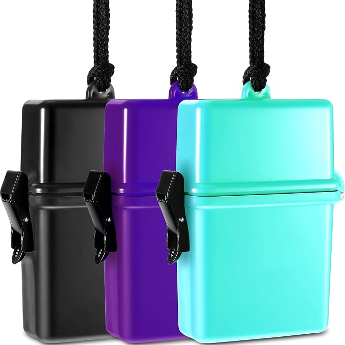 Outus 3 Pcs Waterproof ID Badge Holder Case with Waterproof Buckle Floating Sports Case Locker with Adjustable Hanging Rope Plastic Card Dry Box(Black, Purple, Baby Blue,4.72 x 2.95 x 1.57 in,Classic)