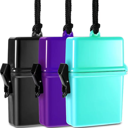 Outus 3 Pcs Waterproof ID Badge Holder Case with Waterproof Buckle Floating Sports Case Locker with Adjustable Hanging Rope Plastic Card Dry Box(Black, Purple, Baby Blue,4.72 x 2.95 x 1.57 in,Classic)