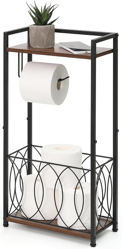 SunnyPoint Classic Space Saving Freestanding Toilet Paper Holder with Storage Shelf – Bathroom Space Saver for Phone, Tablet, and Magazines – All Purpose Bathroom Organizer Space Saver (Black)