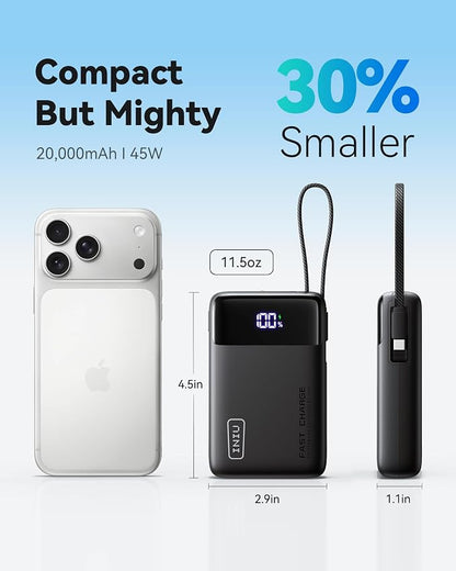 INIU 45W Portable Charger, Smallest 20000mAh Power Bank with Build in USB-C Cable, Fast Charging USB C in&Out Battery Pack, Travel Phone Charger for iPhone 17 16 15 Air Samsung S25 S24 Google iPad etc