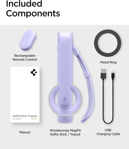 Spigen Selfie Stick Tripod Stand with Bluetooth Remote Control Shutter 24" Extendable Compatible with MagSafe iPhone 17/16/15/14/13/12 Pixelsnap Pixel 10 Series & More - Lavender (S571W)