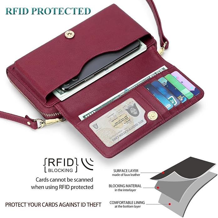 Peacocktion Crossbody Bags for Women RFID Wristlet Wallets Travel Vegan Leather Small Clutch Purses with Phone Pocket Zipper