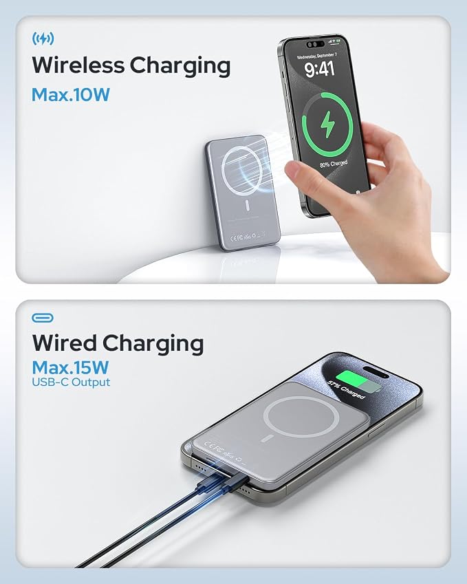 TRKOY for Magsafe Portable Charger,5000mAh Wireless Magnetic Power Bank with USB C Charging,Travel Essential for Magsafe Battery Pack Compatible with iPhone 17/16/15/14/13/12 Series,Silver Gray