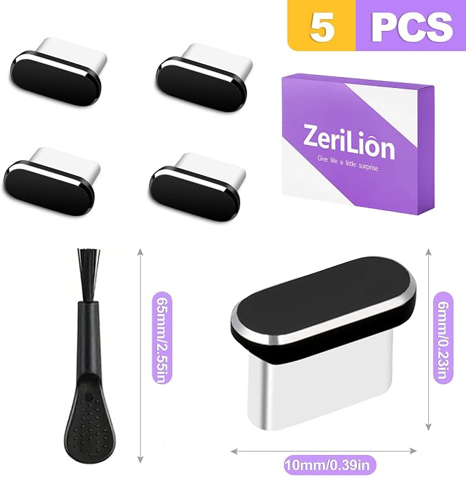5-in-1 USB C Dust Plugs and Cleaning Tool Set 4 Pack Type-C Port Protector Covers with Fine Brush for Speaker Mesh Compatible with Phones Tablets and Laptops