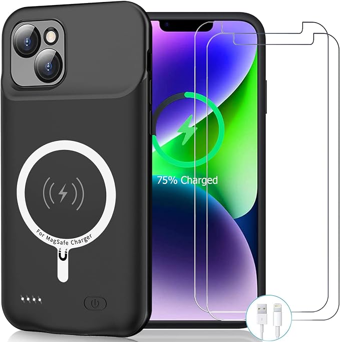 Wireless Charging Case for iPhone 14 Plus, 12000mAh High Capacity Portable Rechargeable Battery Case Wireless Charging Compatible with iPhone 14 Plus (6.7 inch) Extended Battery Charger Case (Black)
