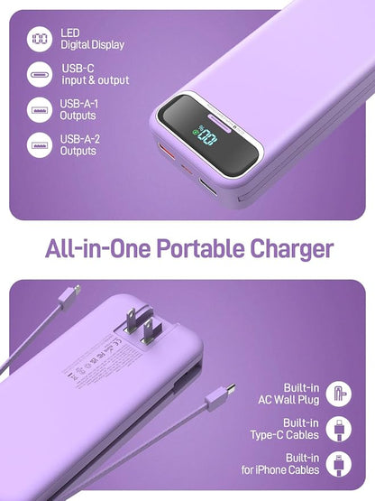 Nusyddy Portable Charger 20000mAh 22.5W w/Built-in Cables & Wall Plug Purp. | 22.5W Fast Charging, High Capacity, LED Display, Charge 5 Devices at once, TSA Approved, Compatible with iPhone/iPad/Samsung