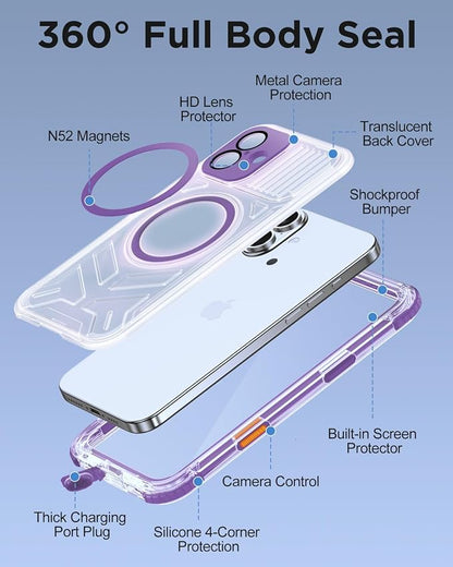 for iPhone 16 Waterproof Case with Magsafe, Built-in [Camera & Screen Protector] [Lanyard], IP68 Water Proof Full Body Dustproof Heavy Duty Frosted Protective Phone Cover, 6.1" Purple