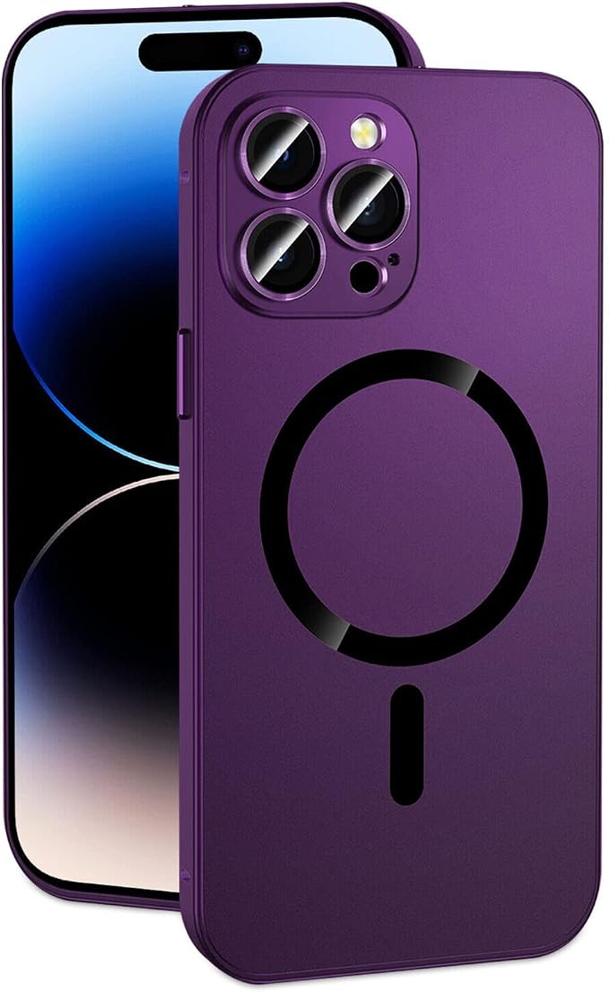 Magnetic Charging Aluminium Metal Bumper Matte Case Cover for iPhone, Alloy Magnetic Slim Case Camera Lens Protect for iPhone 14 Pro Max 13 12 (Dark Purple, for iPhone 12 Pro)