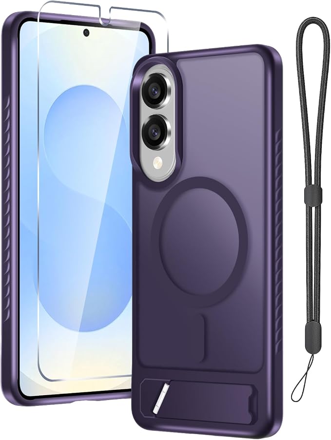 RMOCR for Samsung Galaxy S25 Edge Case with Screen Protector+Lanyard Wrist Strap,Magnetic Translucent Matte Rugged Slim Phone Cover Built in Invisible Kickstand [Fit for MagSafe],2025 Purple