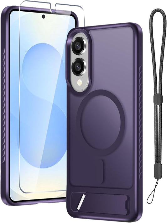 RMOCR for Samsung Galaxy S25 Edge Case with Screen Protector+Lanyard Wrist Strap,Magnetic Translucent Matte Rugged Slim Phone Cover Built in Invisible Kickstand [Fit for MagSafe],2025 Purple