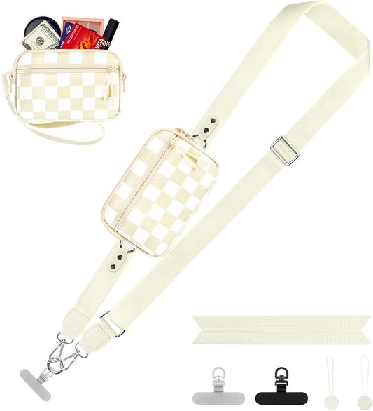YFWE Clip and Go Strap for Phone with Wallet Crossbody, Adjustable Phone Lanyard with Detachable RFID Wristlet Wallet, Phone Strap with Phone Tabs for All Phones, Cream Checkered (M)