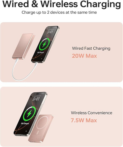 10,000mAh for MagSafe Power Bank Ultra Slim, Magnetic Wireless Charger with USB-C Cable, Fast Charging Portable Battery for iPhone 17 Pro Max/17 Pro/Air/16/15/14/13, Rose Gold