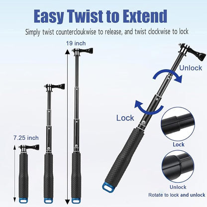 Selfie Stick + Camera Float Accessories Kit for GoPro,19” Waterproof Hand Grip Extension Portable Adjustable Monopod Pole for GoPro Hero 13 12 11 10 9 8 MAX 7 Black Silver White/6/5 Black/5S