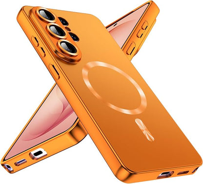 for Samsung Galaxy S26 Ultra Case,Luxury Plating Matte Case for Galaxy S26 Ultra Full Camera Lens Cover & Privacy Screen Protector Cute Women Girls Phone Cover for S 26 Ultra,Orange