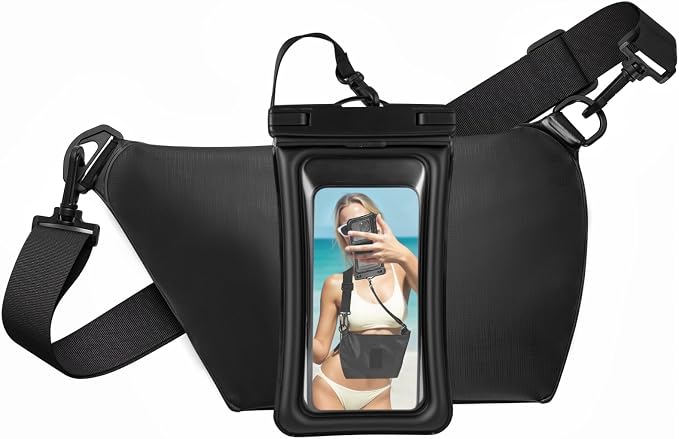 Waterproof Phone Pouch 8.3" & Fanny Pack, Waterproof Phone Case Detachable Lanyard Spring Rope for iPhone 16 15 14 13 Pro Max, IPX8 Cellphone Dry Bag Beach Cruise Ship Essentials Black