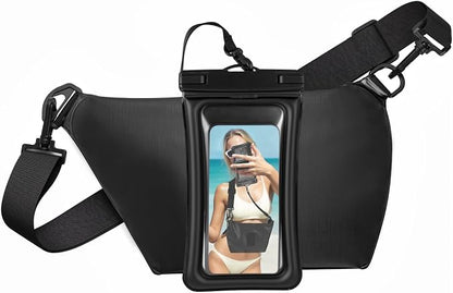 Waterproof Phone Pouch 8.3" & Fanny Pack, Waterproof Phone Case Detachable Lanyard Spring Rope for iPhone 16 15 14 13 Pro Max, IPX8 Cellphone Dry Bag Beach Cruise Ship Essentials Black