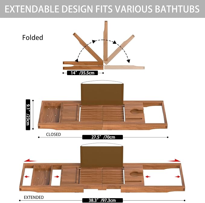 Teak Bathtub Caddy Tray for Tub, Foldable Luxury Bath Table Tray with Book and Wine Glass Holder, Expandable Bathroom Accessories for Spa or Reading