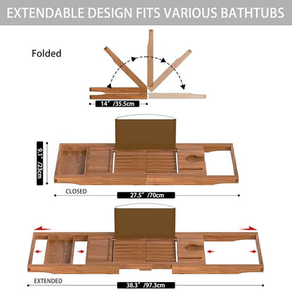 Premium Teak Bathtub Tray Caddy, Expandable Wooden Bath Tray for Tub,Luxury Bathroom Accessories,Great House Warming, Anniversary & Wedding and Birthday Gifts