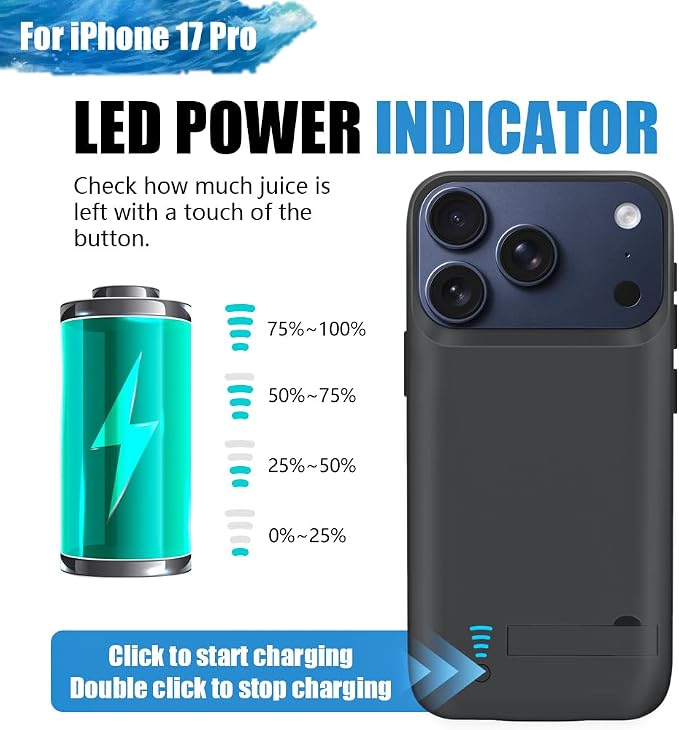 Battery Case for iPhone 17 Pro, 5000mAh Rechargeable Extended Battery Charging/Charger Case, Add 100% Extra Juice (6.3 Inches) Black