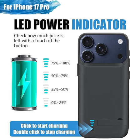Battery Case for iPhone 17 Pro, 5000mAh Rechargeable Extended Battery Charging/Charger Case, Add 100% Extra Juice (6.3 Inches) Black