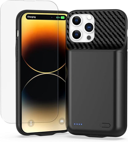13800mAh High Capacity Battery Case for iPhone 14 Pro (6.1 inch), 2025 Upgraded Battery Pack Rechargeable Charger External Charging Case with Tempered Glass Screen Protector Black