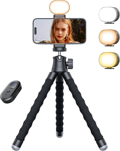 Phone Tripod with Light, Portable and Flexible Phone Stand for Video Recording with Wireless Remote, 360° Rotating Tabletop & Travel Tripods for iPhone, Smartphones, Camera