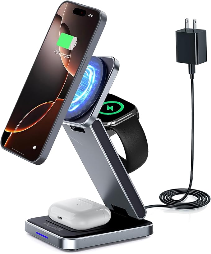 3 in 1 Magnetic Wireless Charger Station for iPhone 17/16/15/14/13/12 Series Mag-Safe Charging Station for Apple Watch Series 11-2/Ultra2/1/SE Foldable Wireless Charger for AirPods 4 3 2 1 Pro