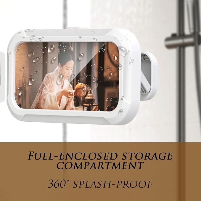Waterproof Shower Phone Holder, 360° Rotatable Retractable Anti-Fog Wall Mount Case for 4-7" Smartphones, Thick-Case Friendly