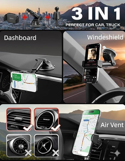 APPS2Car Car Phone Holder Mount - 3-in-1 Dashboard Windshield Air Vent - No Block Camera Thick Case - One Hand Adjustable 4.3”-6.3" Compatible for iPhone 17/16/15 pro max Samsung - Anti-UV Suction cup
