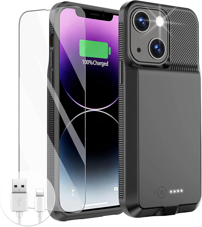 GIN FOXI Battery Case for iPhone 13/13 Pro/14/14 Pro, Charging Case Real 7000mAh Rechargeable Charger Cover Anti-Fall Protection Ultra-Slim Extended Battery Pack Juice Box, 6.1" (Black)