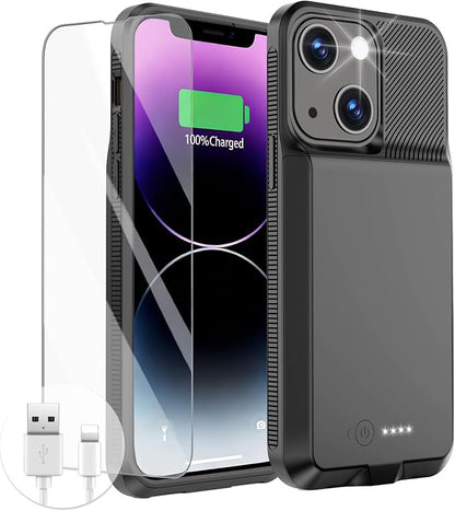 GIN FOXI Battery Case for iPhone 13/13 Pro/14/14 Pro, Charging Case Real 7000mAh Rechargeable Charger Cover Anti-Fall Protection Ultra-Slim Extended Battery Pack Juice Box, 6.1" (Black)