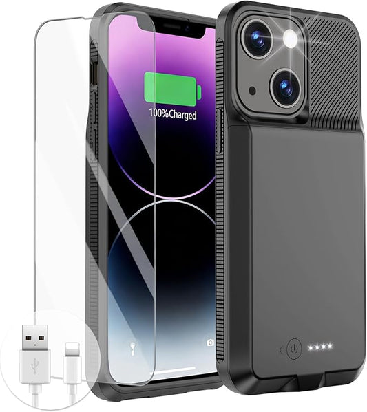 GIN FOXI Battery Case for iPhone 13/13 Pro/14/14 Pro, Charging Case Real 7000mAh Rechargeable Charger Cover Anti-Fall Protection Ultra-Slim Extended Battery Pack Juice Box, 6.1" (Black)