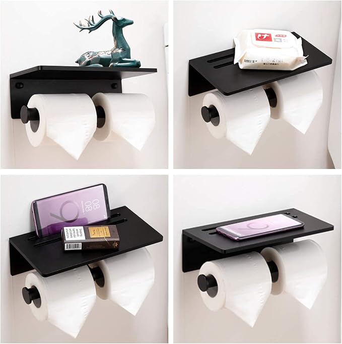 Toilet Paper Holder - Aluminium Double Roll Toilet Tissue Holder with Mobile Phone Shelf for Bathroom, 3M Self Adhesive No Drilling or Wall-Mounted with Screws, Rustproof Modern Style Black