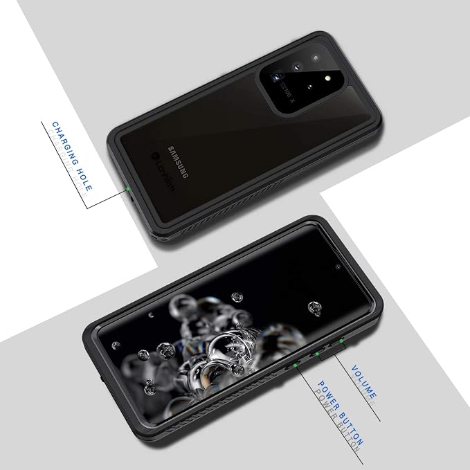 Lanhiem for Samsung Galaxy S20 Ultra Case, IP68 Waterproof Dustproof with Built-in Screen Protector, Heavy Duty Full Body Protective Phone Case for Samsung S20 Ultra 5G, Black/Clear