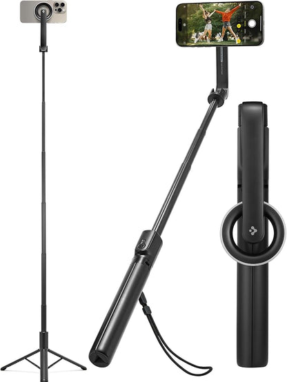 Spigen Selfie Stick Tripod Stand with Bluetooth Remote Control Shutter 47" Extendable Compatible with MagSafe iPhone 17/16/15/14/13/12 Pixelsnap Pixel 10 Series & More - Black (S580W)