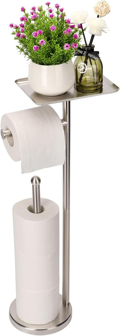 Noonext Toilet Paper Holder with Shelf, Freestanding Toilet Paper Stand with Tray for Small Items, Toilet Paper Holder Freestanding, Storage Space for 4 Extra Toilet Paper Rolls (Brushed Nickel)