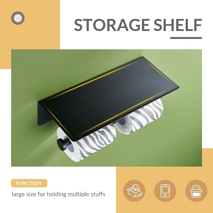 Toilet Paper Holder with Phone Shelf, APLusee SUS 304 Stainless Steel Bathroom Tissue Holder, Double Roll Paper Dispenser Wall Mounted, Matte Black
