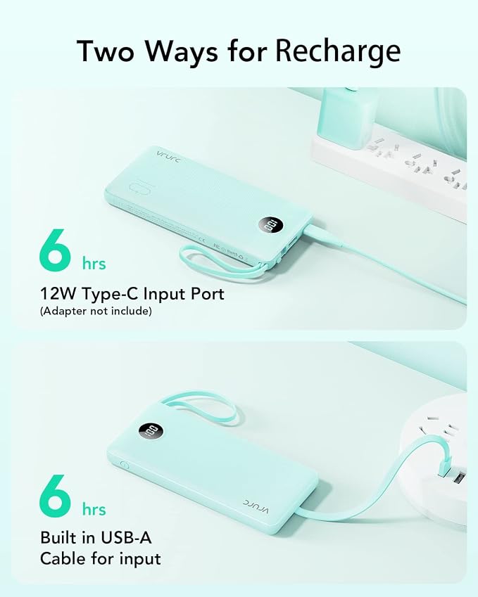 VRURC Power Bank with Built-in Cables,USB C Portable Charger for iPhone | 10000mAh Slim Charging Bank with Lanyard, Perfect for Travel, Work, School and Daily Carry-Green