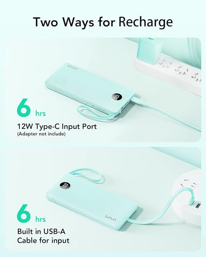 VRURC Power Bank with Built-in Cables,USB C Portable Charger for iPhone | 10000mAh Slim Charging Bank with Lanyard, Perfect for Travel, Work, School and Daily Carry-Green