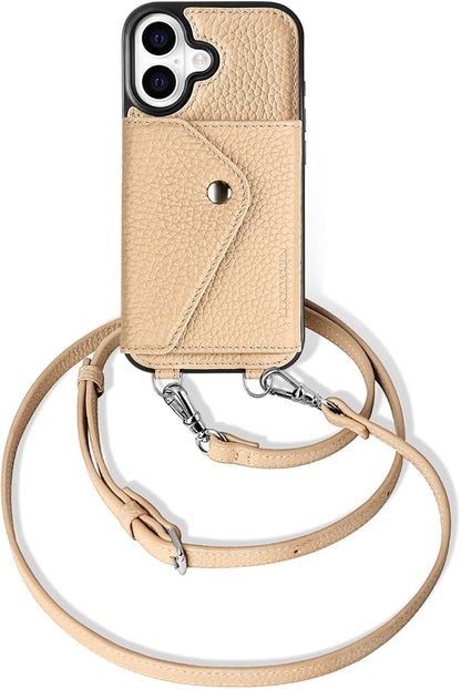 LUCKYCOIN for iPhone 17 Crossbody Wallet Case – Genuine Leather Phone Purse with Adjustable Strap and Card Holder,Lanyard Phone Purse Case for Women,Pebble Grain Beige