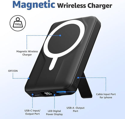 Azmuth Magnetic Power Bank,10000mAh for MagSafe Battery Pack, 22.5W PD Fast Charging,LED Display & Foldable Stand Wireless Portable Charger for iPhone 17/16/15/14/13/12/Pro/Pro Max/Plus,Deep Black