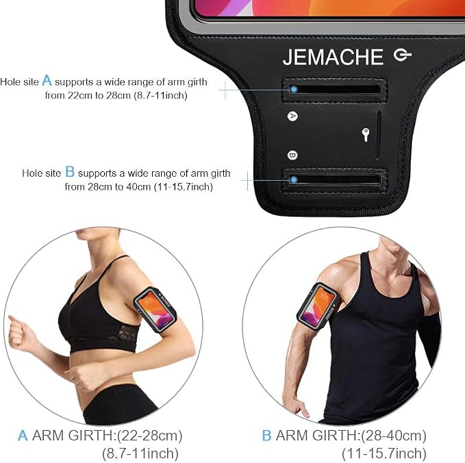 iPhone 17 16 15 Armband with Earphone Holder, JEMACHE Water Resistant Gym Running Workouts Arm Band for iPhone 17 16 15 14 13 12 Pro (Black)