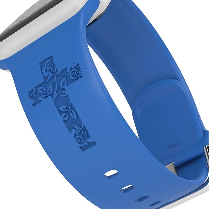 Faith with Cross Watch Band Compatible with Apple Watch Laser Engraved Silicone 38mm 40mm 41mm 42mm 44mm 45mm 46mm 49mm Strap Jesus Psalm Christian God Blessed (Sapphire Blue, 38/40/41mm M/L)